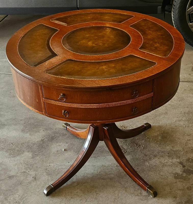 BEAUTIFUL DUNCAN PHYFE PEDESTAL 30″ ROUND DRUM TABLE LEATHER INLAY ! C2