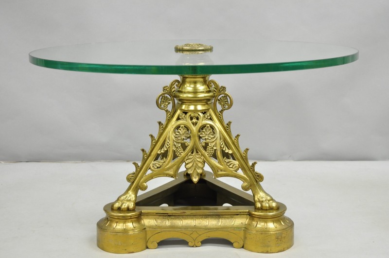 French Empire Renaissance Bronze Paw Foot Pedestal Base Round Glass Coffee Table gallery