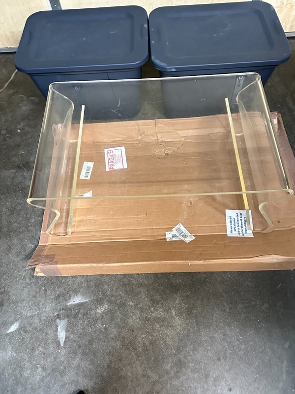 ART DECO THICK CLEAR LUCITE ACRYLIC SCROLL COFFEE TABLE IN GOOD CONDITION. gallery