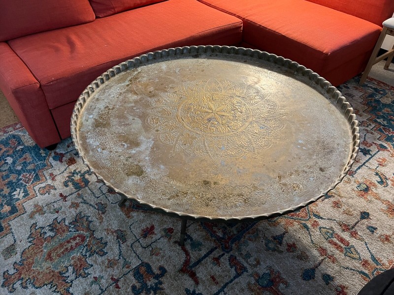 Amazing 45 inch Vintage Moroccan Brass Large Coffee Table, 18 inch height