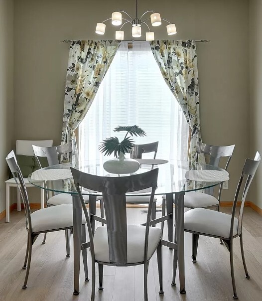 Beveled Glass Dining Room Table with Brushed Nickel Base and 6 Matching Chairs