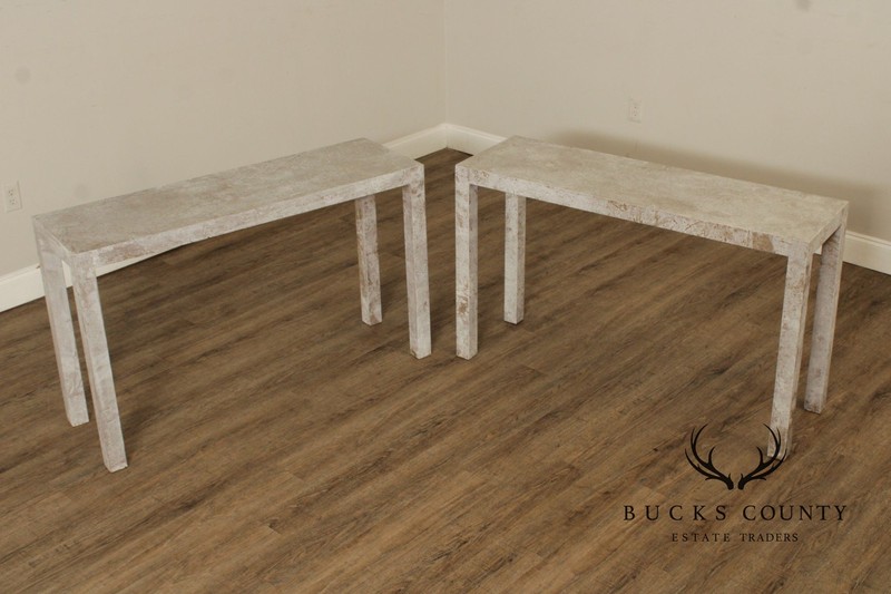Mid Century Modern Cerused Painted Pair Of Burl Wood Parsons Console Tables gallery