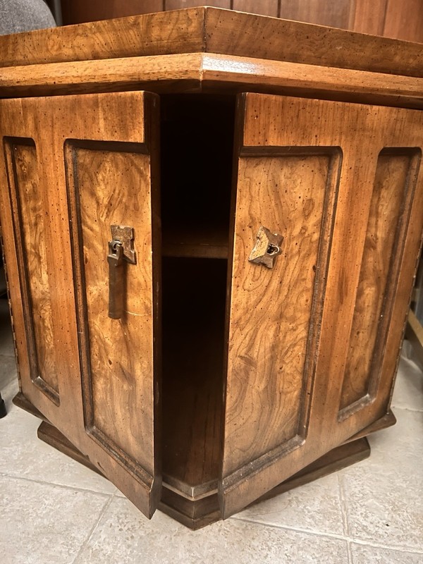 Vintage Hekman Rustic Spanish Colonial Drum Storage Cabinet Hexagon Table Doors gallery