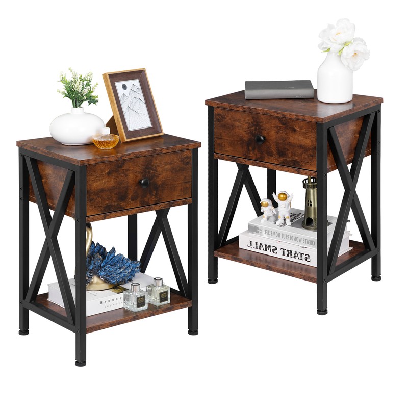 2 Set of End Tables X-Shaped Wooden Accent Sofa Side Table Drawer Open Shelf gallery
