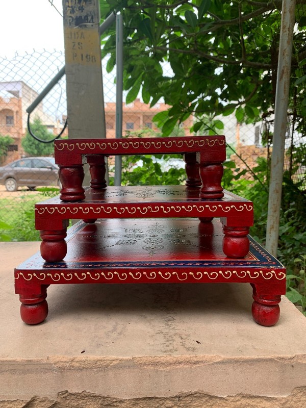 Stool For Pooja Handmade Indian Wooden Chowki Decorative Home Decor Bajot Art gallery