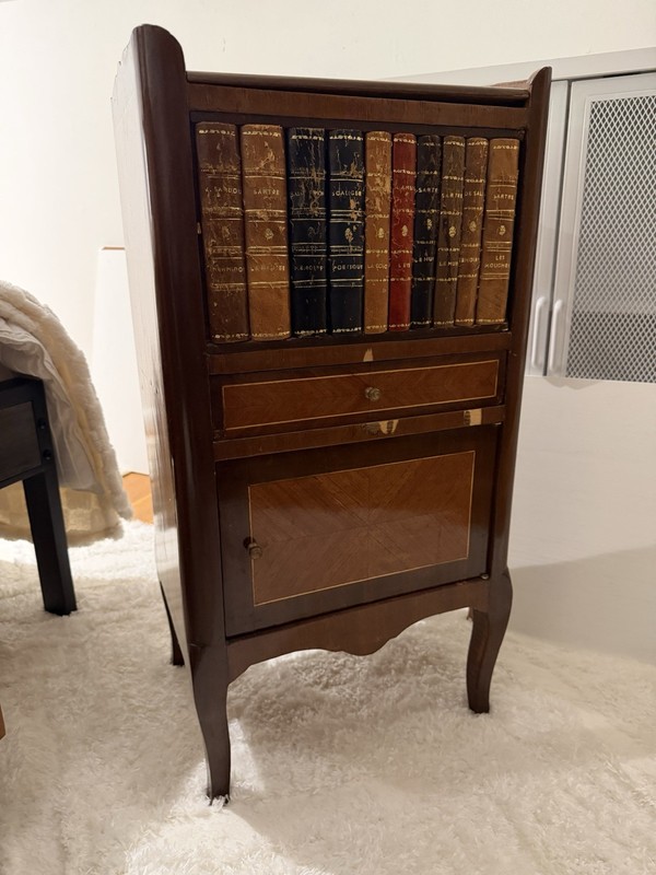 $2500 1950s French Style Inlaid Mahogany Leather Faux Book Side Table