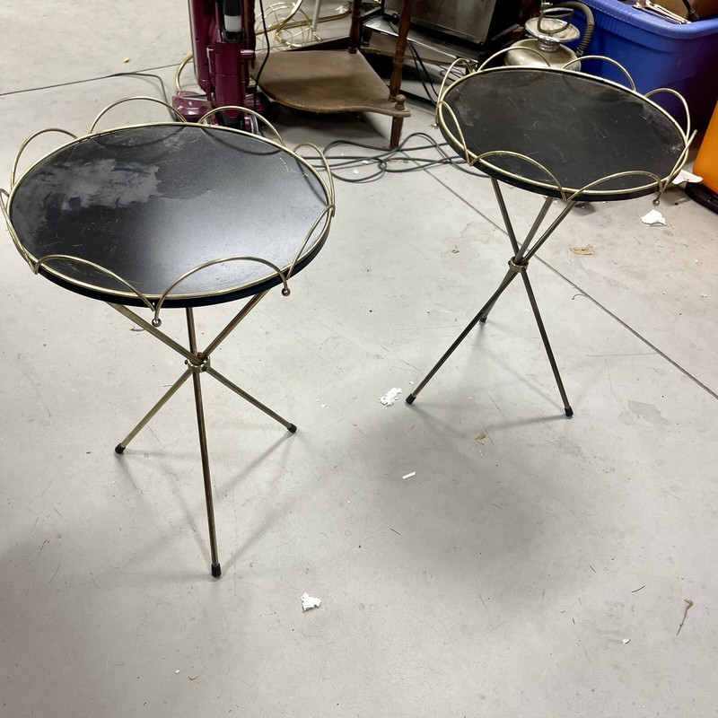 Pair Of Brass And Black Mid Century MCM Round Metal Outdoor Tripod End Tables