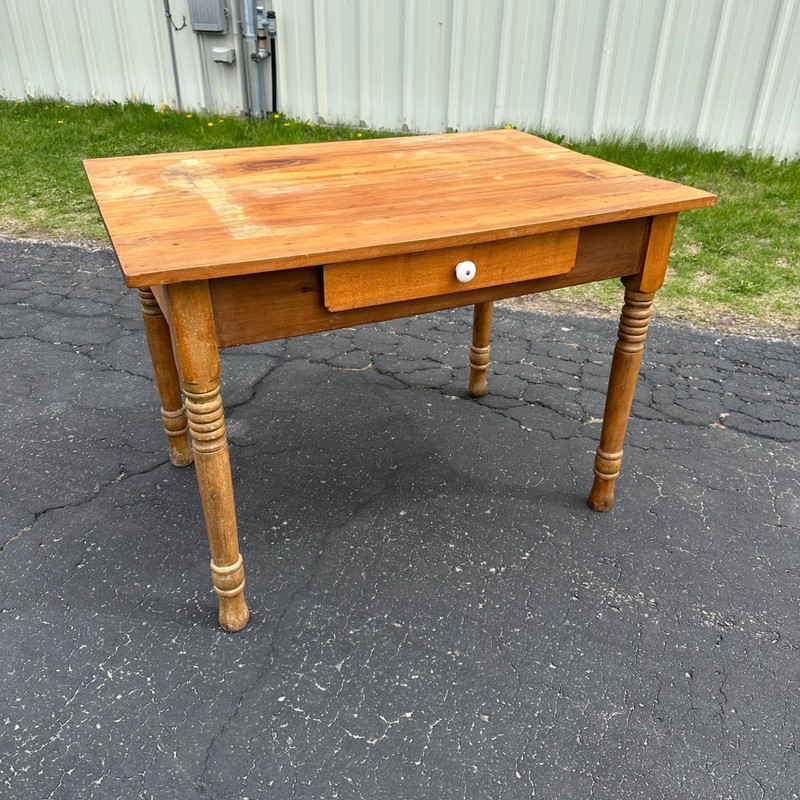 Antique Primitive Pine Wooden Table w/ Single Drawer gallery