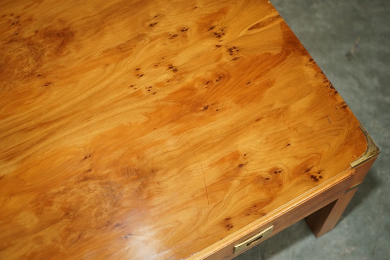 LIGHTLY RESTORED BURR WALNUT & BRASS MILITARY CAMPAIGN THREE DRAWER COFFEE TABLE gallery