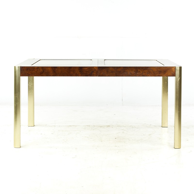 Century Mid Century Burlwood Brass and Glass Dining Table gallery