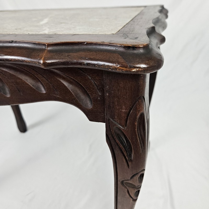 Vintage Louis XV Marble Top Tea Table Carved Walnut French Rococo Antique gallery
