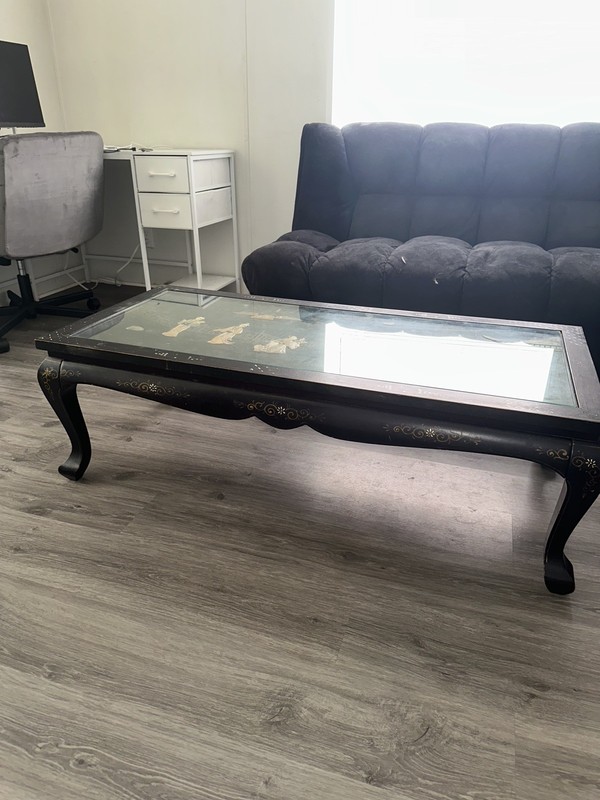 Vintage Black Lacquer Coffee Table - Mother of Pearl Inlay Hand-Painted Oriental gallery