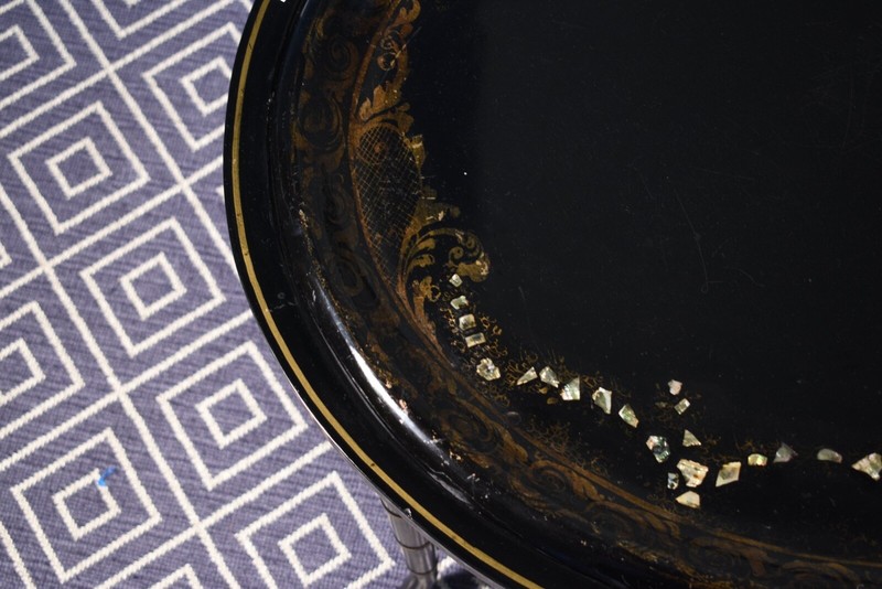 Antique Inlaid Oval Papier Mâché Tray On Stand gallery