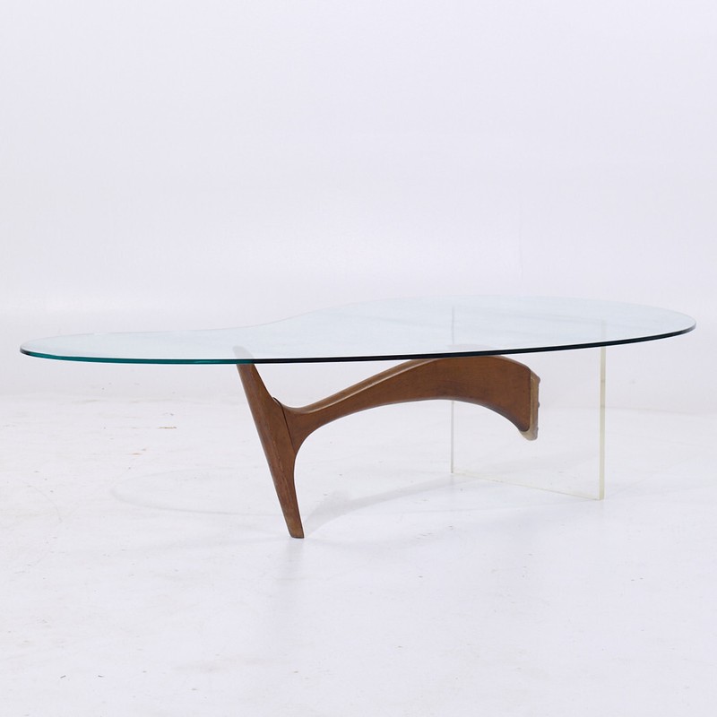 Vladimir Kagan Style Mid Century Walnut and Lucite Kidney Shaped Coffee Table gallery