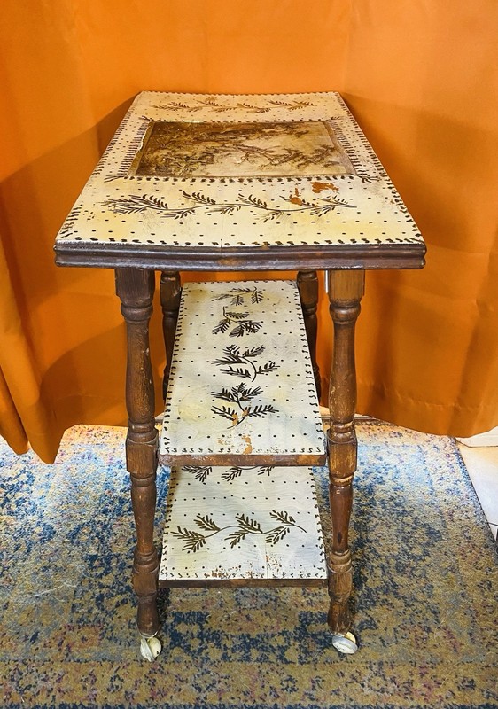 VINTAGE HAND PAINTED WOOD SIDE TABLE WITH CASTER WHEELS COOL PIECE SEE PHOTOS gallery