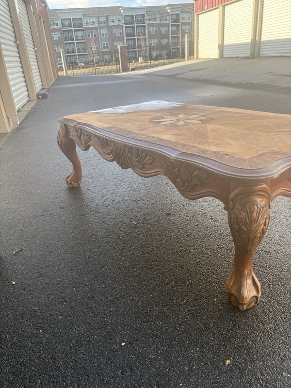 Vintage Ornate Wood Coffee Table Parquet Inlay Carved Legs Traditional gallery
