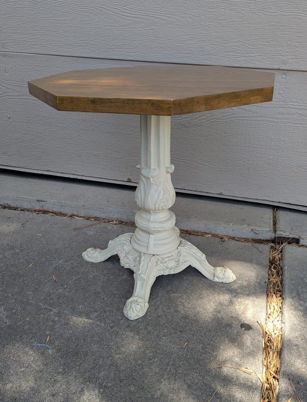Vintage Octagonal Solid Wood and White Cast Aluminum Pedestal Table Victorian gallery