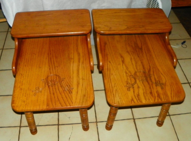 Solid Oak Mid Century Carved Step End Table / (1Table) (SET-10)