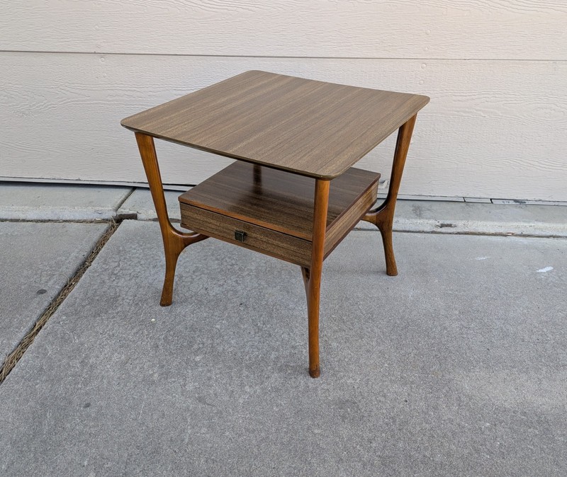 Vintage Mid Century Modern Atomic Floating Drawer Walnut Formica End Table J25 gallery