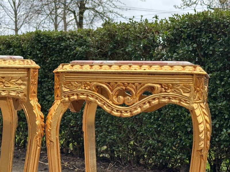 Side Tables French Louis XVI Pink Marble Gold Beech 1970 Vintage Pair 2 Pieces gallery