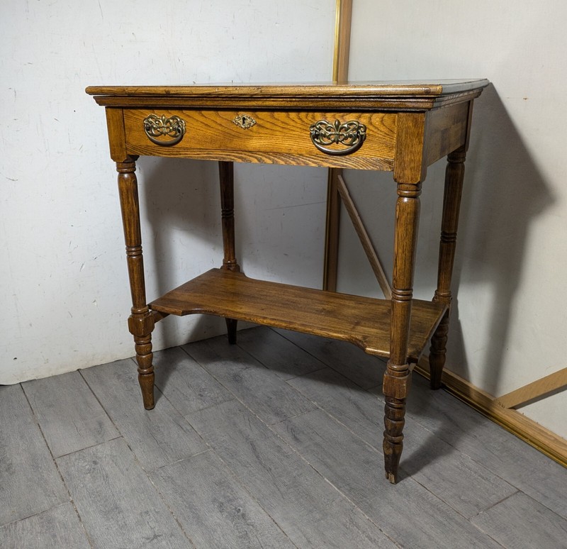 Antique Victorian Rustic Oak Wood 2-Tier 1-Drawer Parlor Table gallery