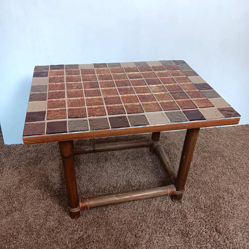 MCM Vintage Calif-Asia Wrapped Rattan Side Accent Table w/Glass Trivet Tile