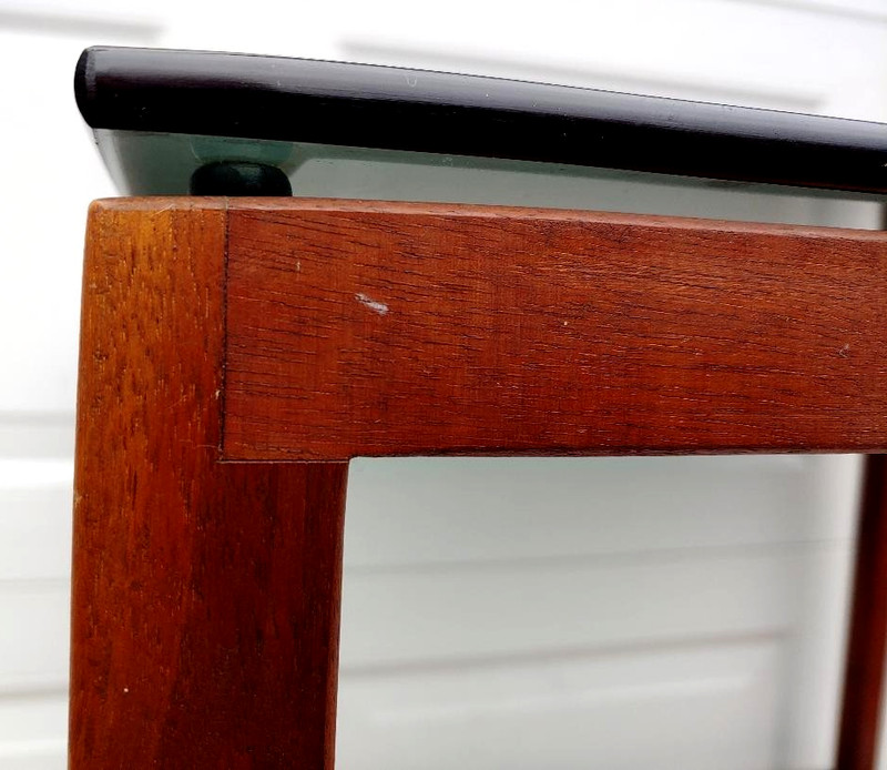 KAI KRISTIANSEN? DANISH? MID CENTURY MODERN "CUBE" TABLE W/ 3/8" SMOKE GLASS TOP gallery