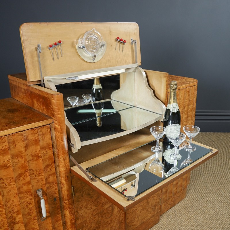 Antique English Art Deco Satinwood Cocktail & Drinks Cabinet Sideboard (c.1930) gallery