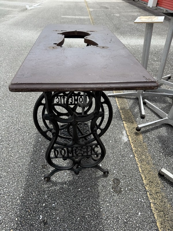Domestic Antique Sewing Table Cast Iron Base with Wood Top, Brown/Black