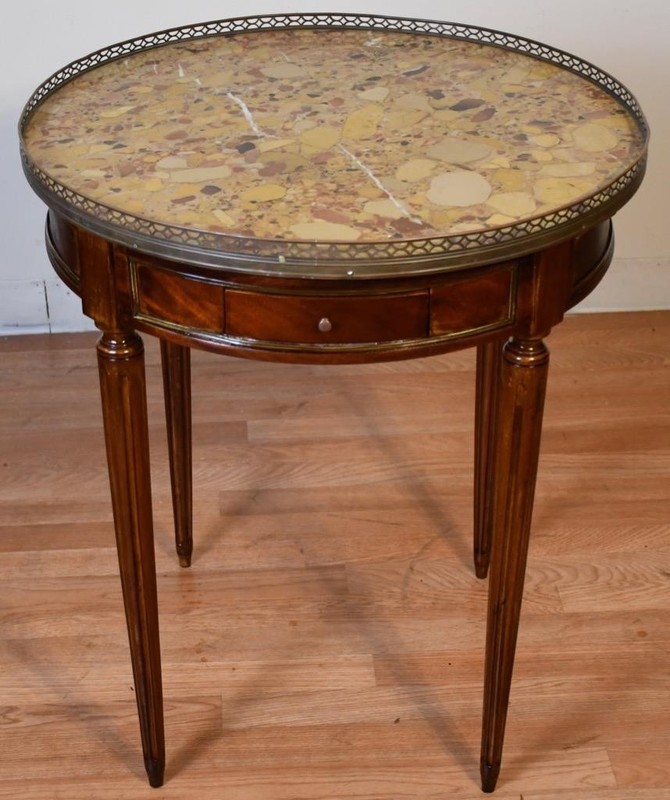 1910s Antique French Louis XVI Mahogany & Marble top Round Center / side Table