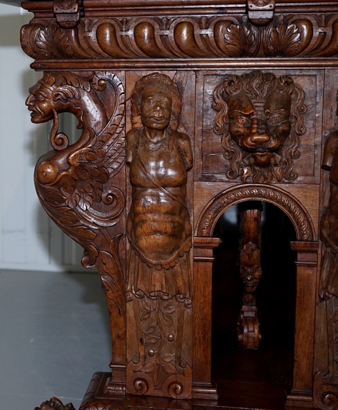RARE 18TH CENTURY FRENCH WALNUT RENAISSANCE EXTENDING HIGH TABLE HEAVILY CARVED gallery