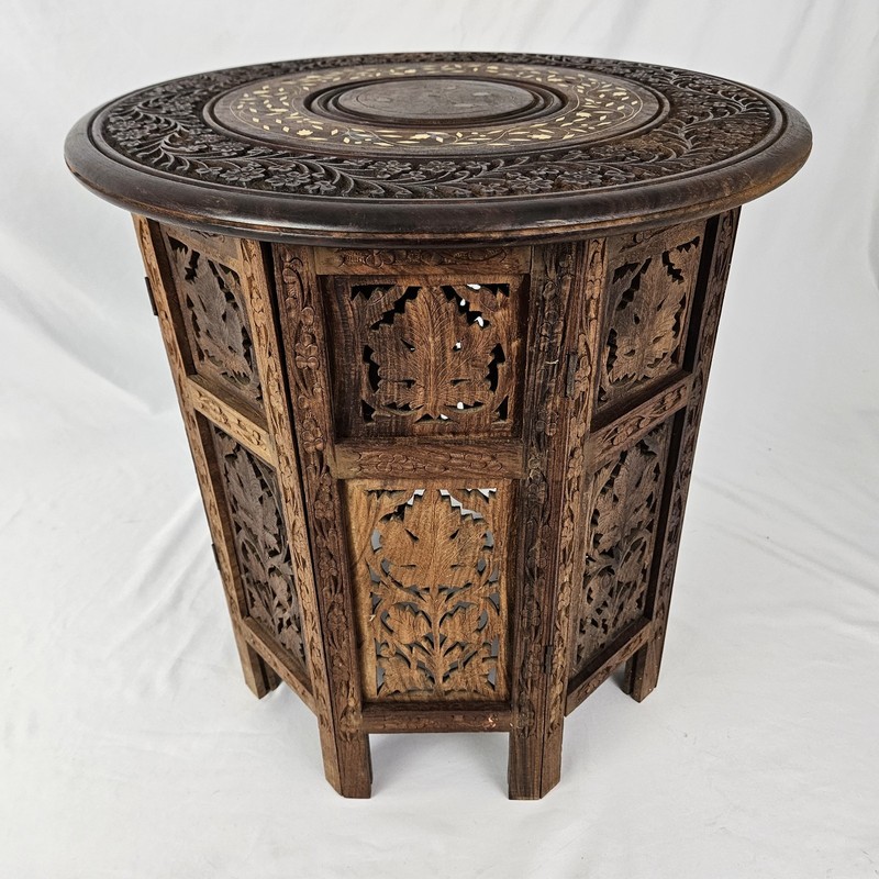 Vintage MCM Carved Octagon Folding Teak Wood Table Plant Stand Moroccan Boho gallery