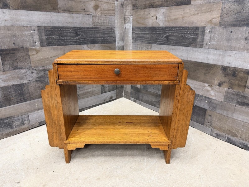 Vintage Art Deco Side Table Magazine Storage Rack Solid Wood Nightstand Drawer