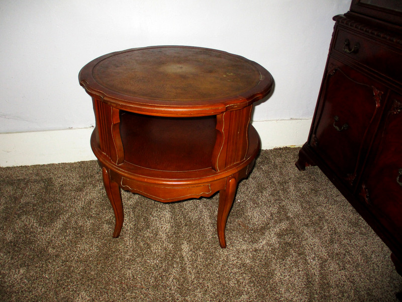1940s French Provincial Walnut Two Tier Leather Top Accent Table gallery