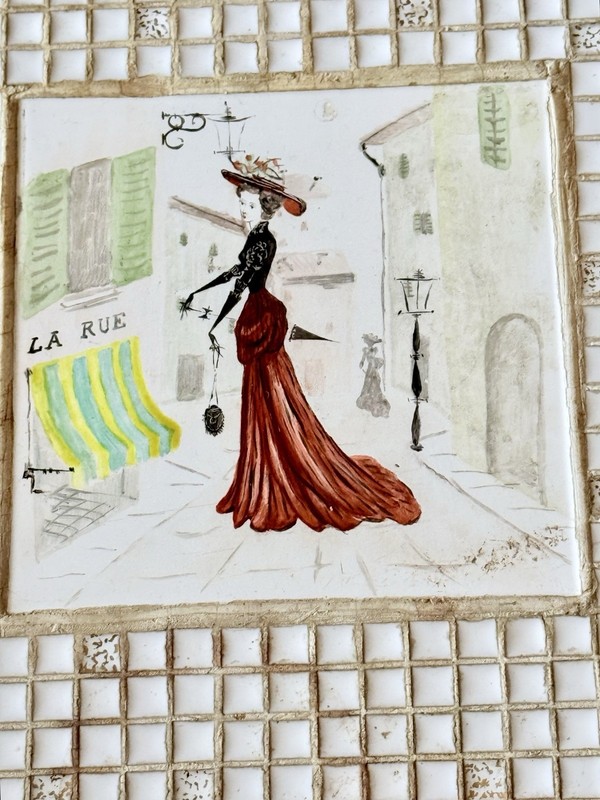 Vintage Mid Century Small Side Table Paris Lady Mosaic tiles Border Wrought Iron