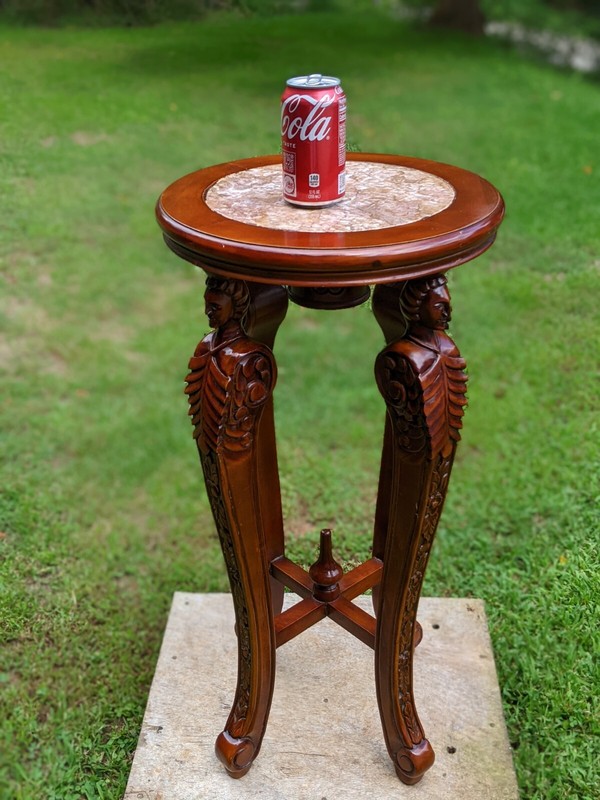 Vintage Walnut Gueridon Table Marble Top Carved Elizabethan Courtly Men Figures