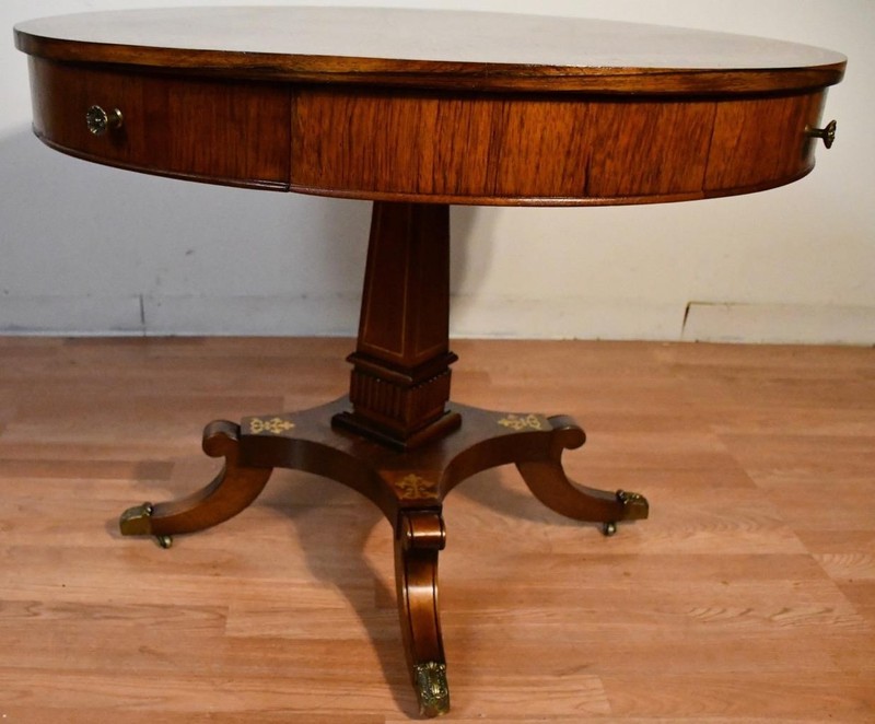19th English Regency Rosewood Center accent table Brass Inlaid Top 2 drawers gallery