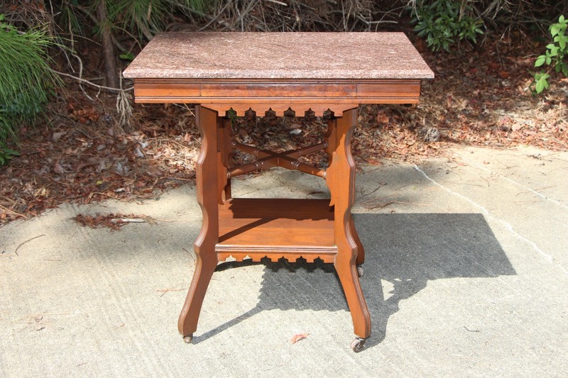 Walnut Victorian Marble Top Eastlake Parlor Table with Display Shelf ~ Ca.1880
