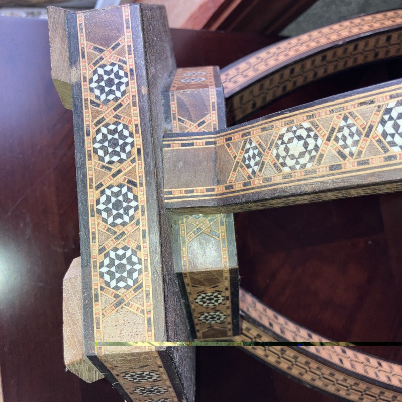 Rare Antique c.1920 Moorish Inlaid Occasional Table-3 Curved Legs-Chipping-Minor gallery