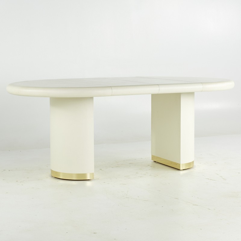 Karl Springer Style Mid Century Grass Cloth and Brass Expanding Dining Table gallery
