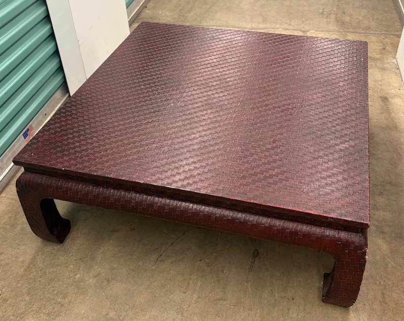 Vintage BAKER Ming Style Raffia Wrapped Coffee Accent Table in Burgundy 38"
