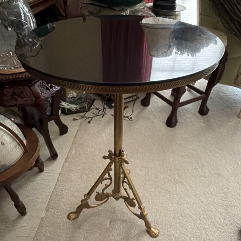 Victorian Round Accent Table Black Glass Top Ornate Brass Base Antique
