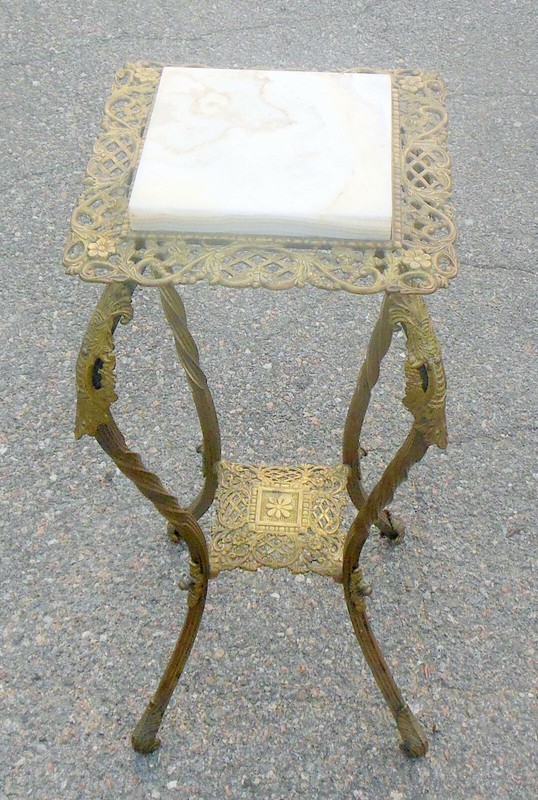 Superb Victorian Brass Bronze PLANT Fern Stand Pedestal Table Onyx Top Florals