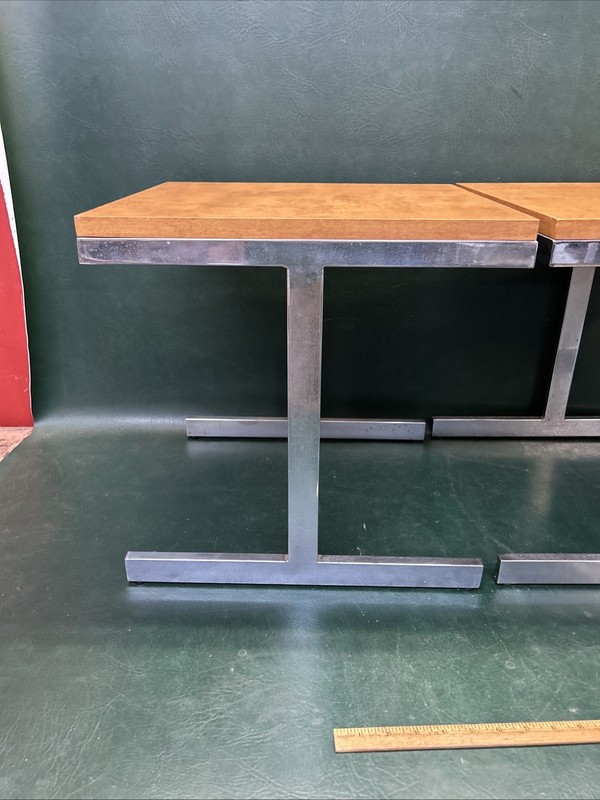 PAIR OF Mid Century Modern Side Chrome & Wood Top Tables 16" X 17" X 17" Tall gallery