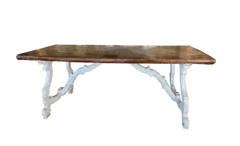 17th Century Painted Italian Trestle Table with Walnut Top