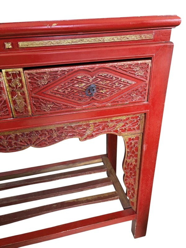 #217 Vintage Chinoiserie Red Lacquer Console Table 33.5" W gallery