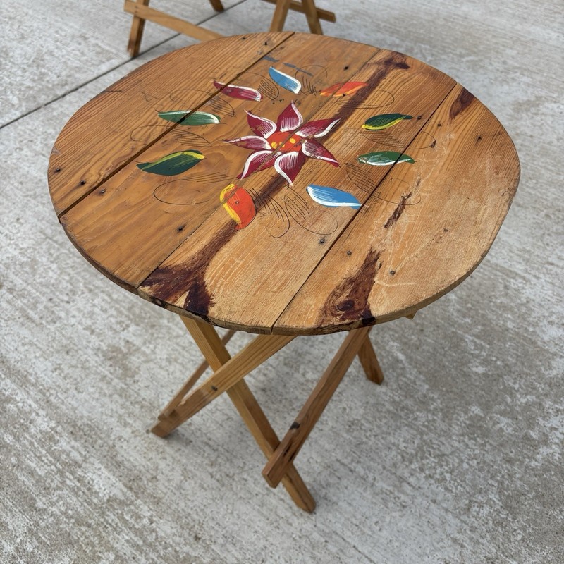 VTG Hand Painted Folding Wood Decorative Round 18″ D Side Table Floral Folk Art