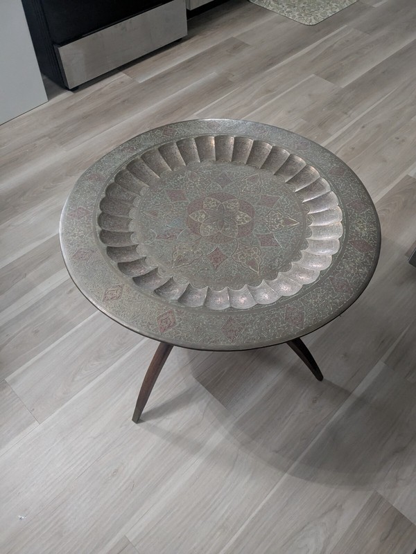 Vintage Brass Engraved Table with Folding Wooden Legs