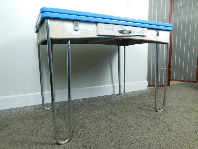 c1939 Antique Retro MCM Kitchen Table Hairpin Legs w Drawer Porcelain Top SHIPS!