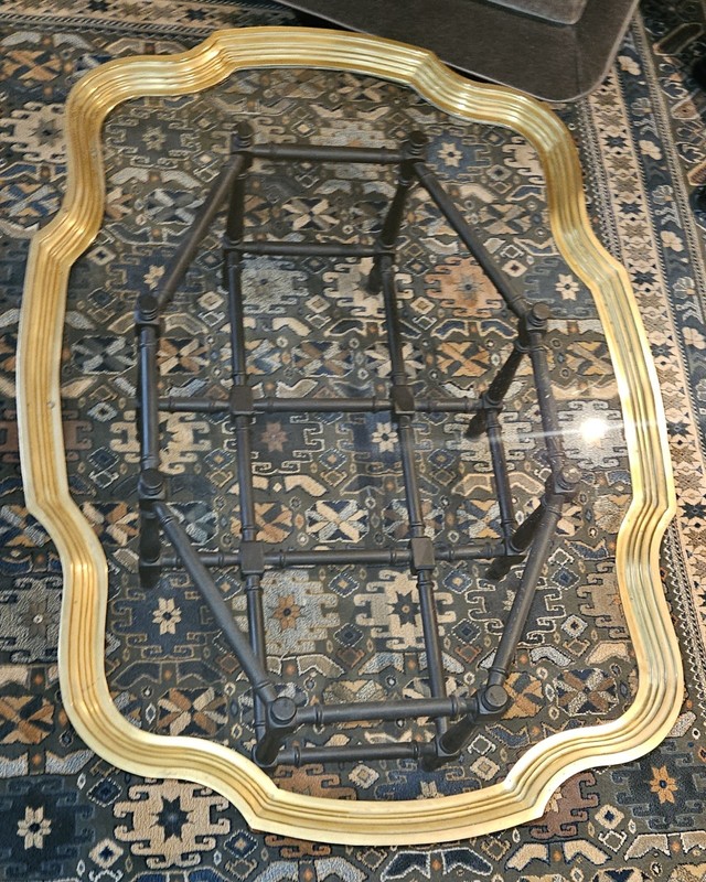 VTG MCM BAKER FAUX BAMBOO GLASS TOP COFFEE TABLE w SCALLOPED BRASS gallery